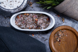 DOWNLOAD Bath Tea - Lavender-infused relaxation and muscle relief. This soothing bath tea with lavender extracts and pink Himalayan salt is perfect for unwinding after a workout or an evening meditation. Key ingredients include Lavender Essential Oil, Eucalyptus, Pink Himalayan Salt, and Dried Lemon Balm for stress relief."