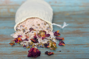 DOWNLOAD Bath Tea - Lavender-infused relaxation and muscle relief. This soothing bath tea with lavender extracts and pink Himalayan salt is perfect for unwinding after a workout or an evening meditation. Key ingredients include Lavender Essential Oil, Eucalyptus, Pink Himalayan Salt, and Dried Lemon Balm for stress relief."